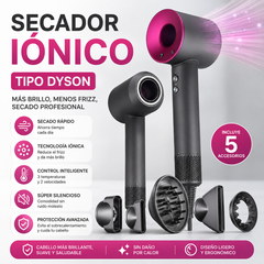 Secador Iónico tipo Dyson — infografía con 5 accesorios incluidos
