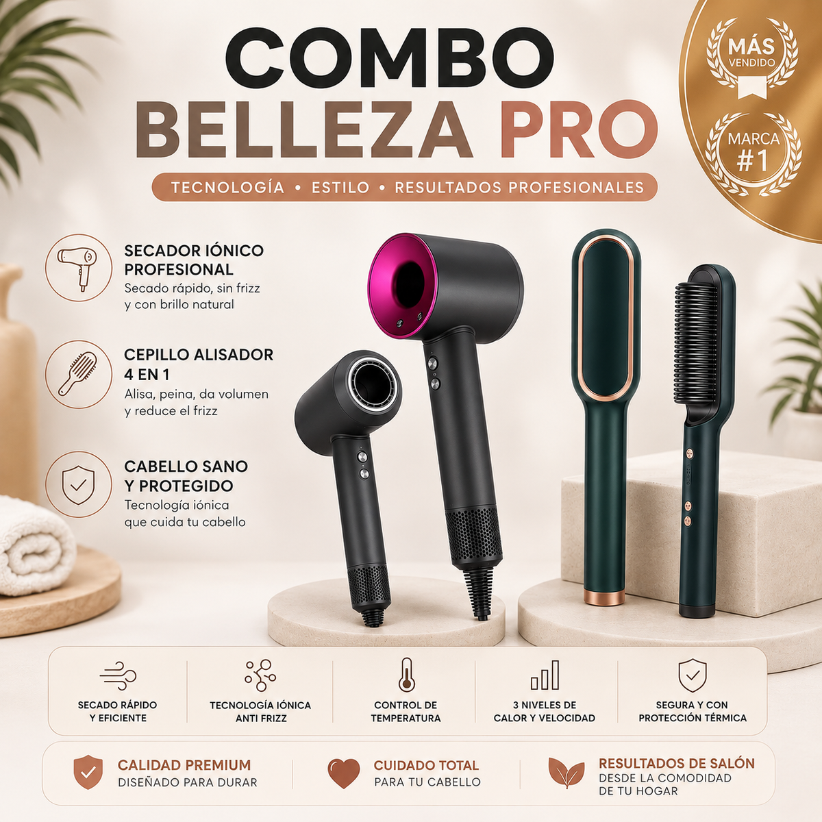 Combo Belleza Pro — Secador Iónico + Cepillo Alisador 4 En 1